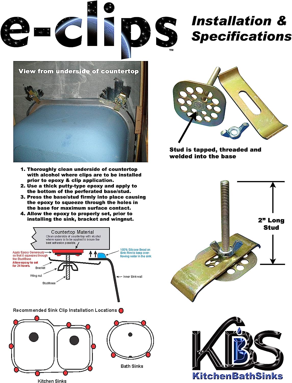 PREMIUM Epoxy Sink Clip Kits (10-pack) to install or re-install fallen kitchen or bath sinks made of any type of material